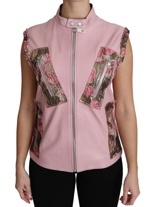 Dolce & Gabbana Pink Zippered Lamb Sleeveless Vest Leather Women's Jacket