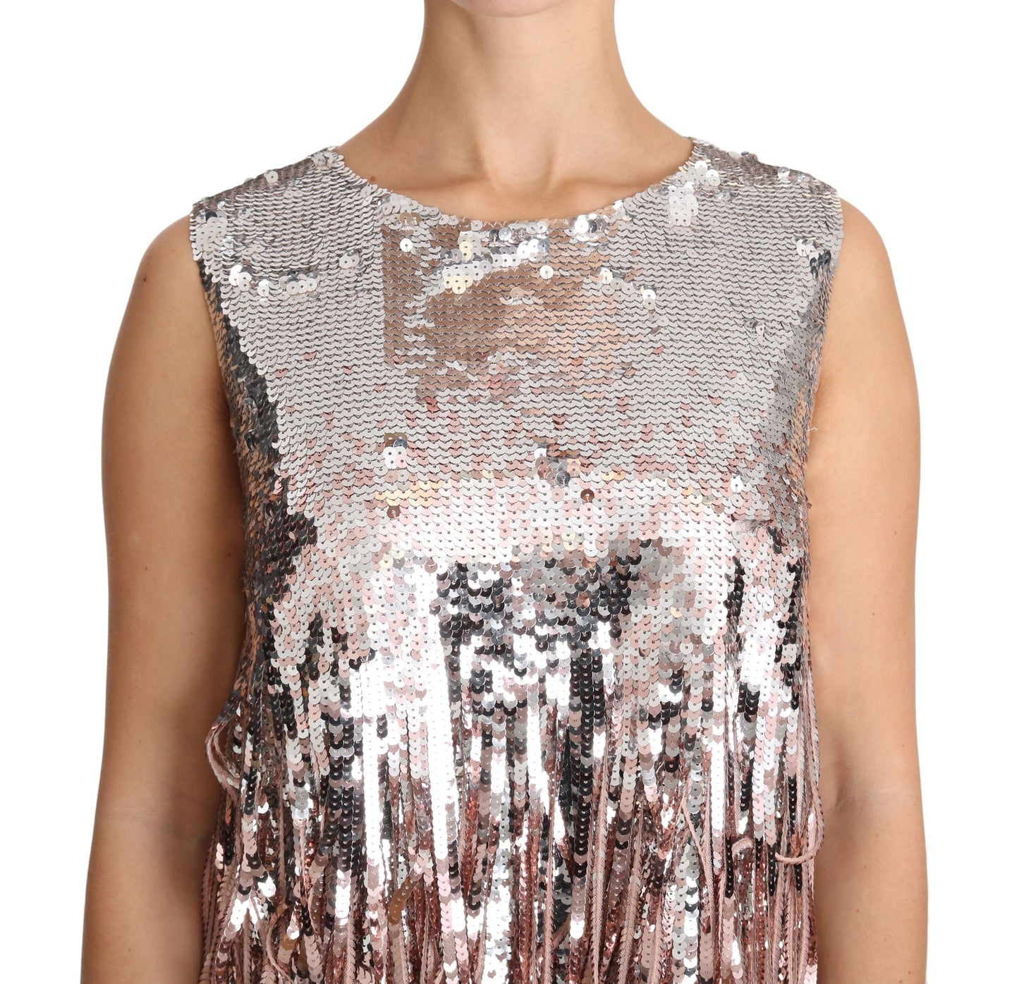 Dolce & Gabbana Golden Pink Sequined Fringe Tank Women's Top