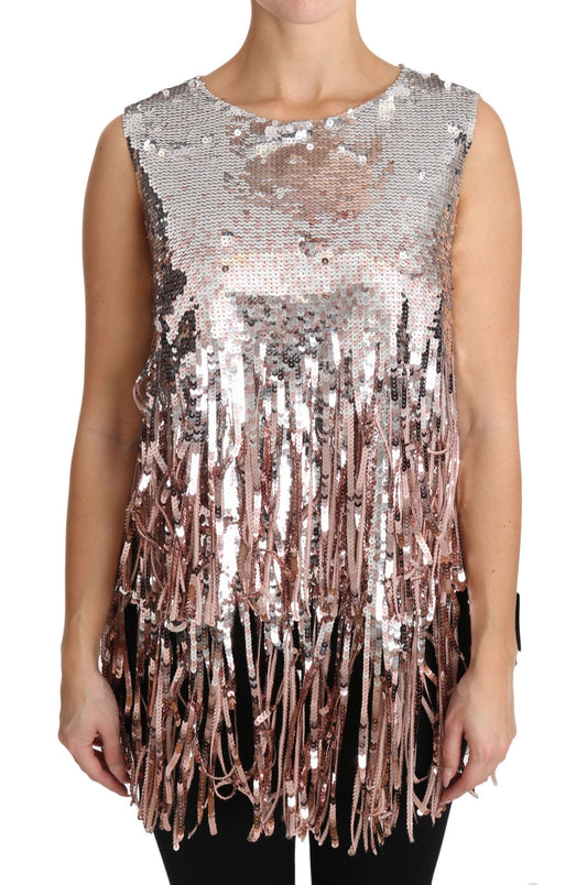 Dolce & Gabbana Golden Pink Sequined Fringe Tank Women's Top