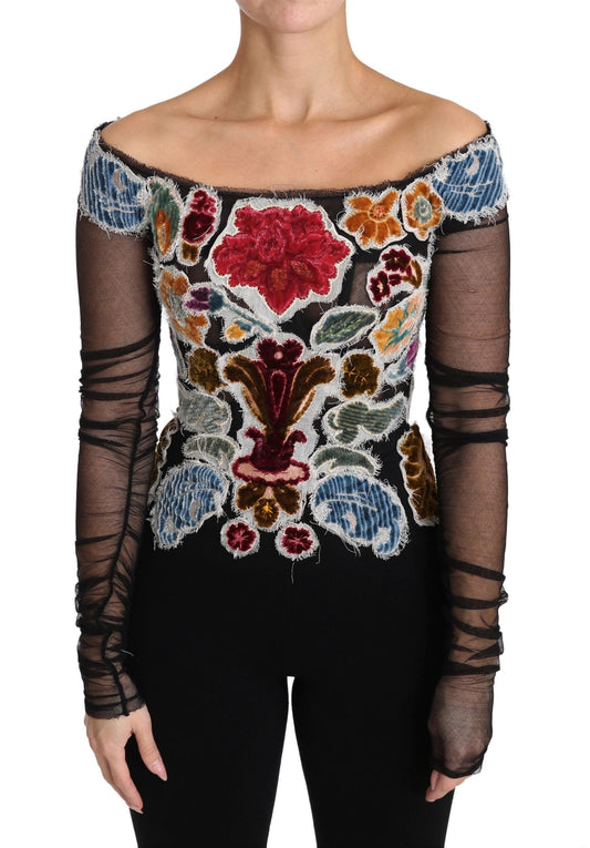 Dolce & Gabbana Black Floral Ricamo Top T-shirt Women's Blouse