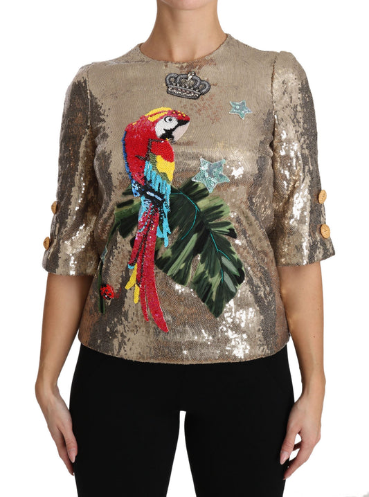 Dolce & Gabbana Gold Sequined Parrot Crystal Women's Blouse