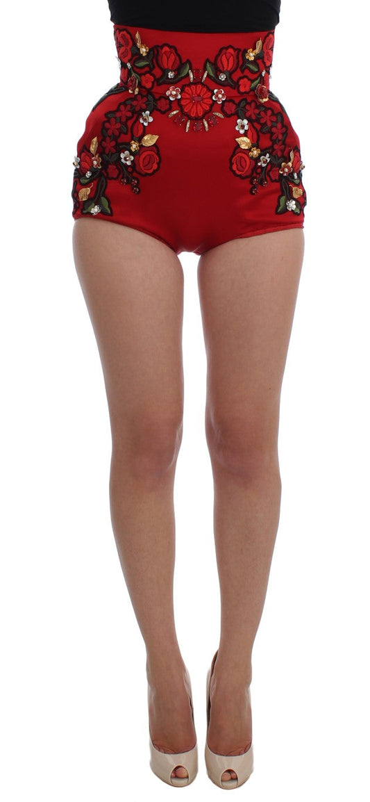 Dolce & Gabbana Red Silk Crystal Roses Women's Shorts