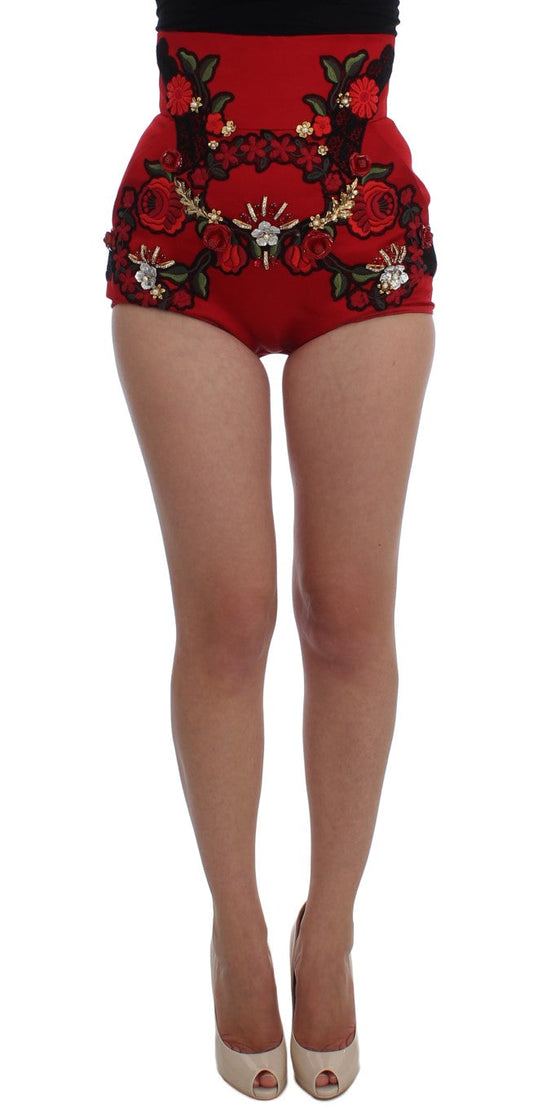 Dolce & Gabbana Red Silk Crystal Roses Women's Shorts