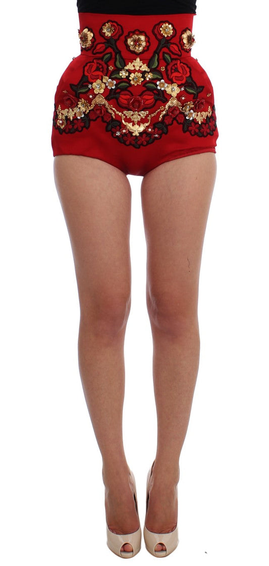 Dolce & Gabbana Red Silk Crystal Roses Women's Shorts