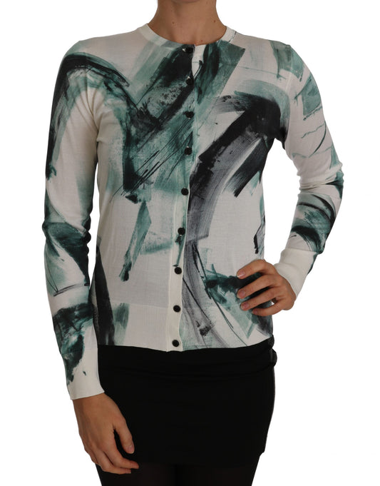 Dolce & Gabbana White Silk Cardigan Lightweight Paint Stroke Women's Sweater