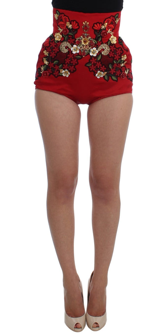 Dolce & Gabbana Red Silk Crystal Roses Women's Shorts