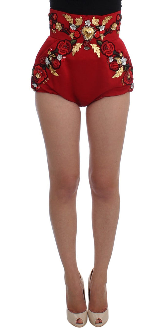Dolce & Gabbana Red Silk Crystal Roses Women's Shorts
