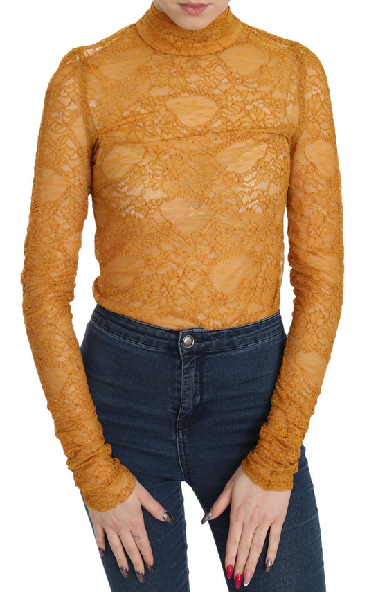 Mangano Mustard Turtle Neck Long Sleeve Lace Top Women's Blouse