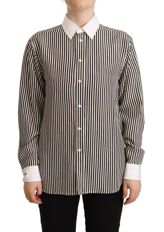 Polo Ralph Lauren Black White Striped Long Sleeves Collared Women's Top (Pre-Owned)