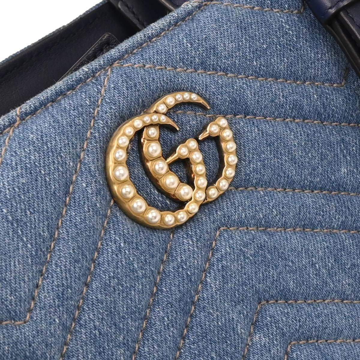 Gucci Pearly Gg Marmont Tote Matelasse Denim Blue Denim_Jeans Tote Bag Bag (Pre-Owned)