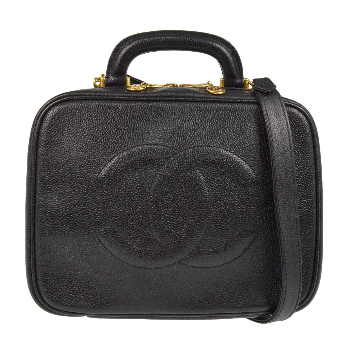 Chanel Vintage Timeless Zip Around Vanity Case Caviar Black Leather Handbag (Pre-Owned)